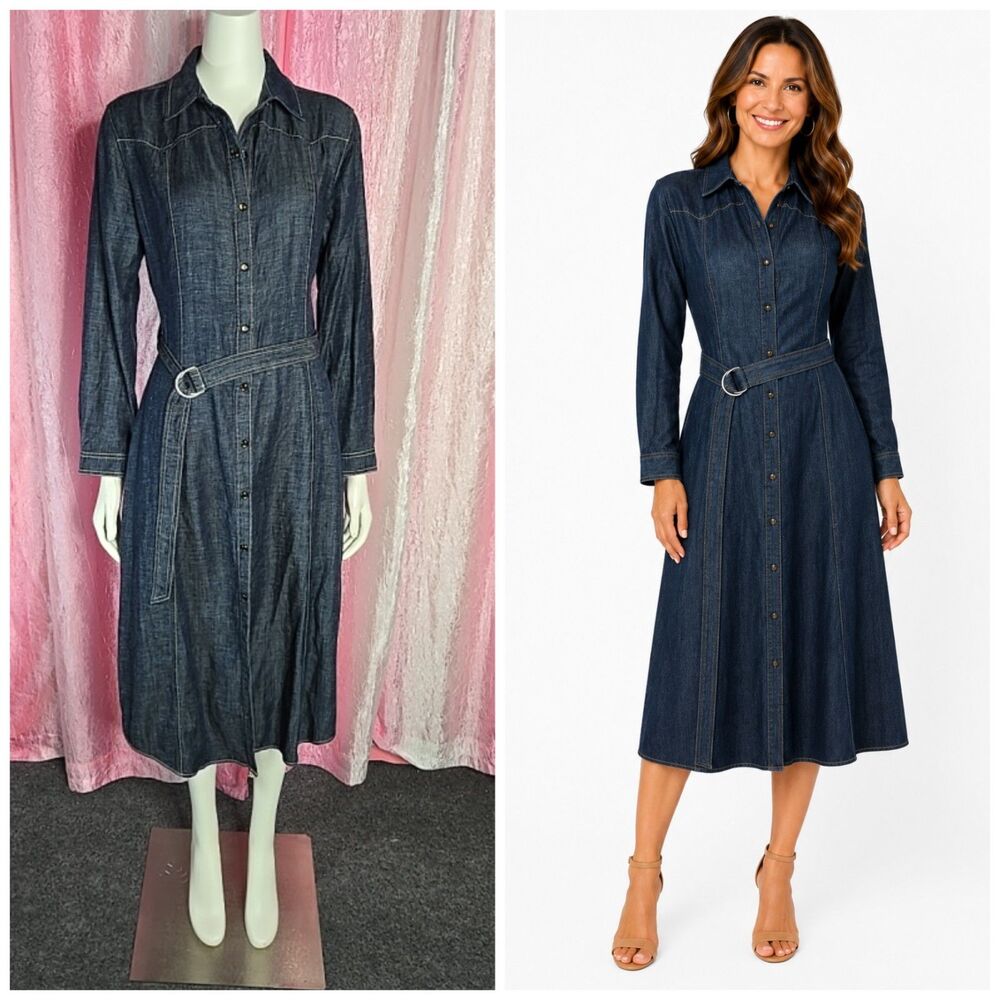 Cloth & Stone Anthropologie Linen Blend Denim Belted Shirt Dress Size Medium